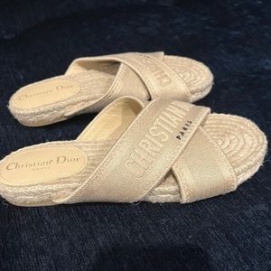 CHRISTIAN DIOR canvas Granville Espadrille Crisscross Flat Slide Sandals, sz 35